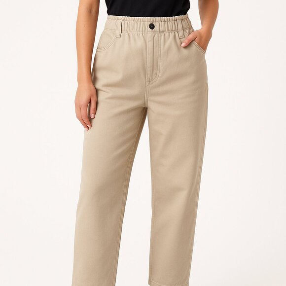 H&M NWT High Rise Elastic Waist Straight Leg Jeans Tan Size 10 Cotton - Picture 1 of 6